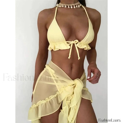 Ruffled Backless Halter Three Piece Set Yellow / S
