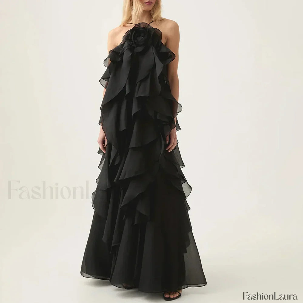 Ruffled Flower Chiffon Maxi Dress BLACK / S