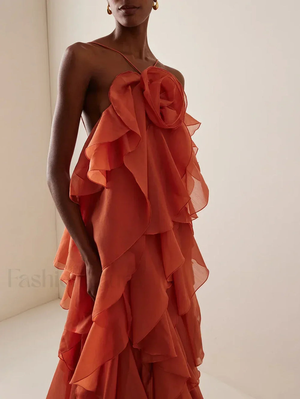 Ruffled Flower Chiffon Maxi Dress ORANGE / S