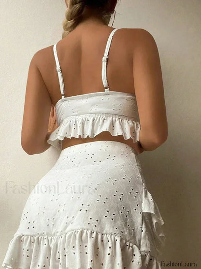 Ruffled Hollow Bow Asymmetrical Three Piece Set