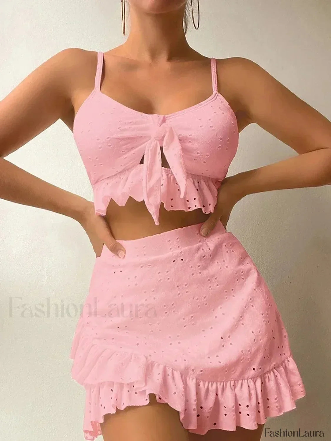 Ruffled Hollow Bow Asymmetrical Three Piece Set