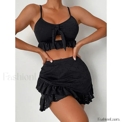 Ruffled Hollow Bow Asymmetrical Three Piece Set Black / S