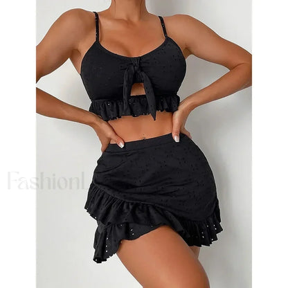 Ruffled Hollow Bow Asymmetrical Three Piece Set Black / S