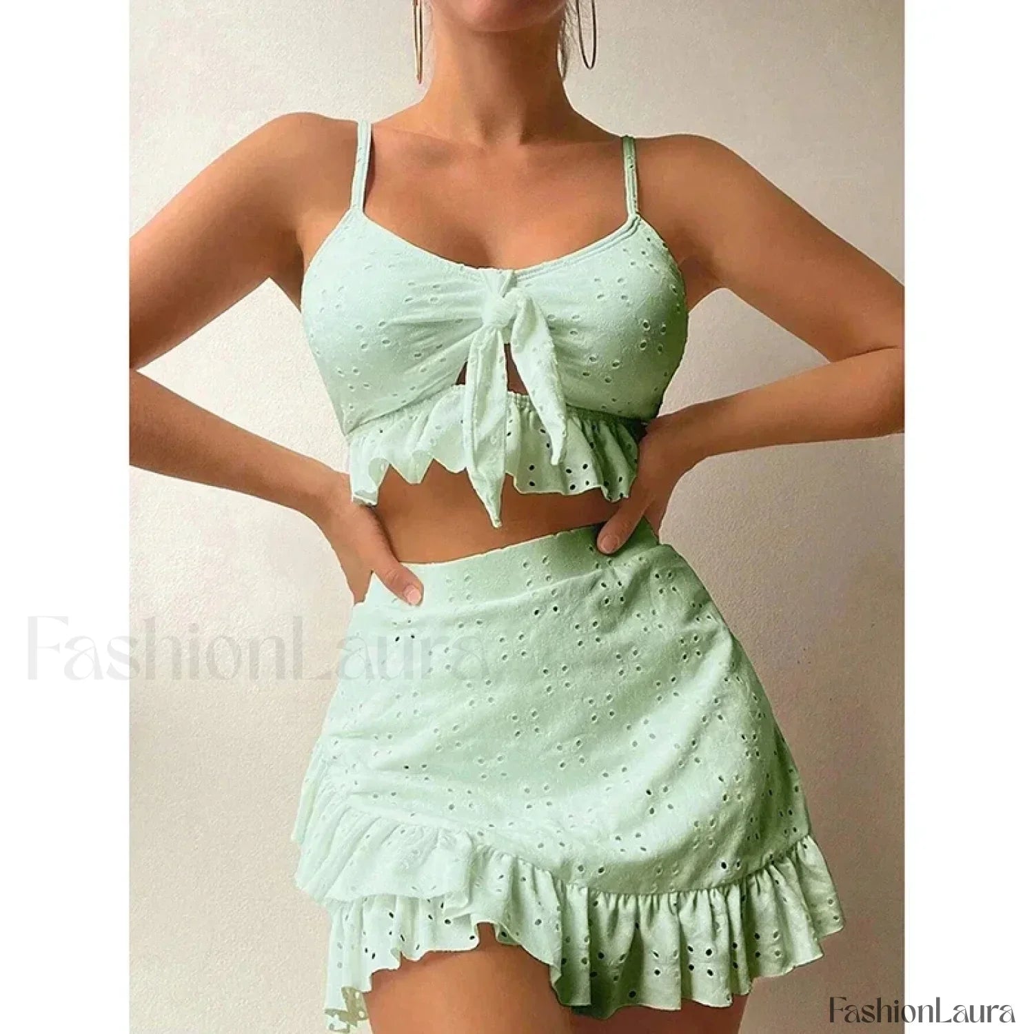 Ruffled Hollow Bow Asymmetrical Three Piece Set Light Green / S