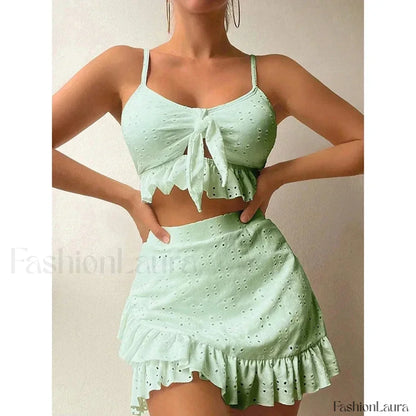 Ruffled Hollow Bow Asymmetrical Three Piece Set Light Green / S