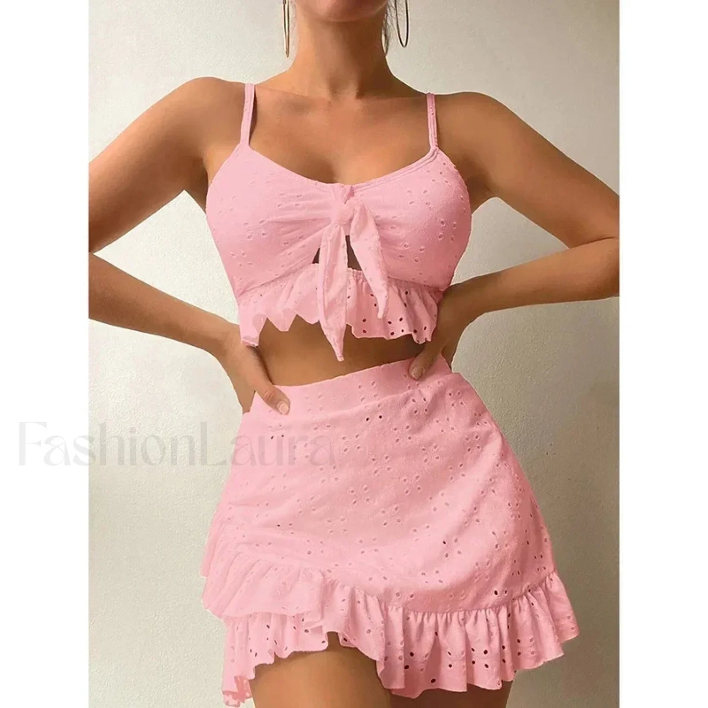 Ruffled Hollow Bow Asymmetrical Three Piece Set Pink / S