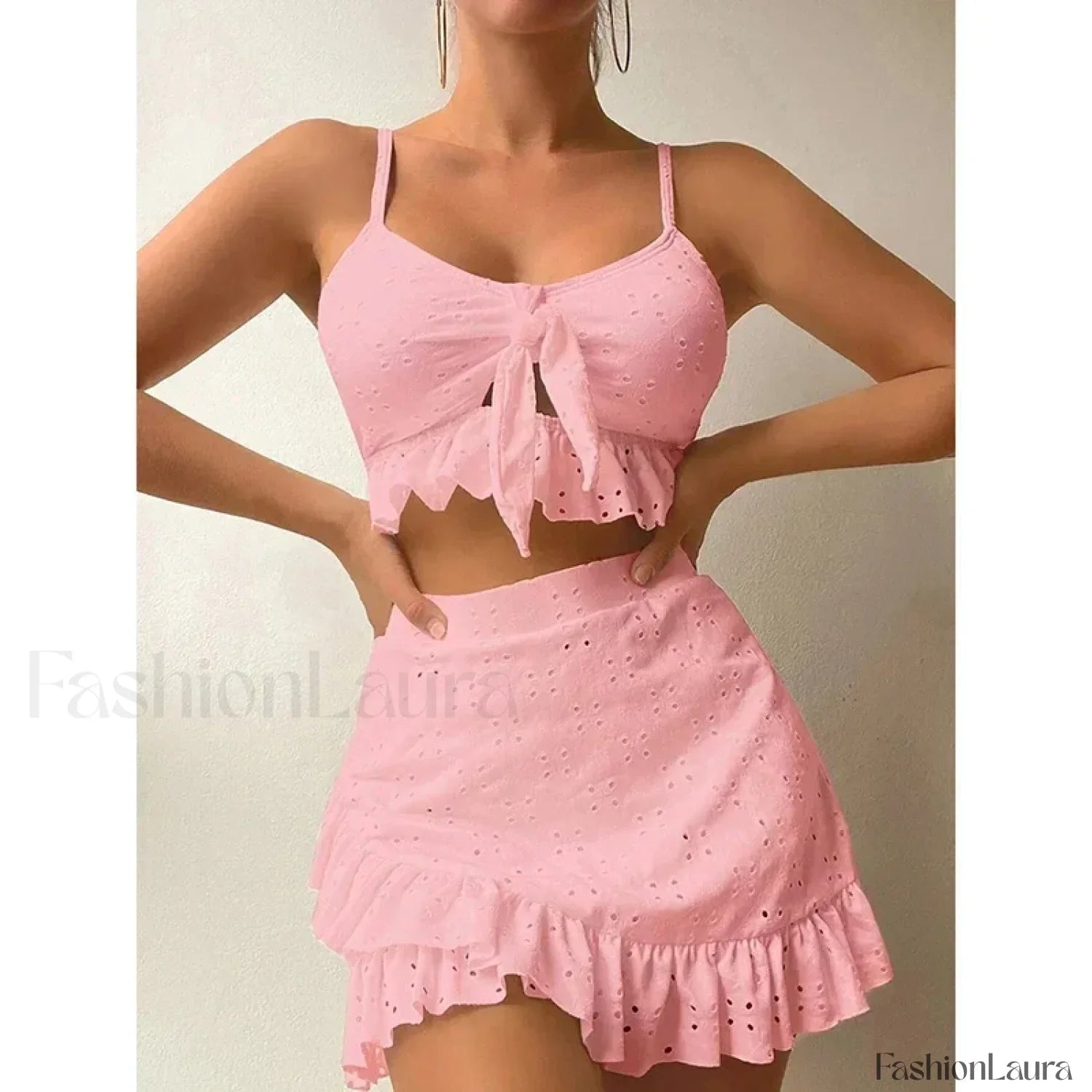Ruffled Hollow Bow Asymmetrical Three Piece Set Pink / S