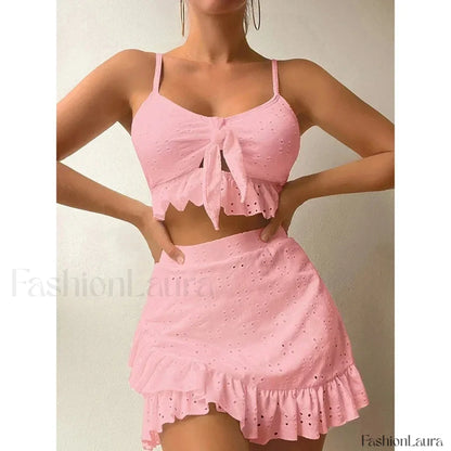 Ruffled Hollow Bow Asymmetrical Three Piece Set Pink / S
