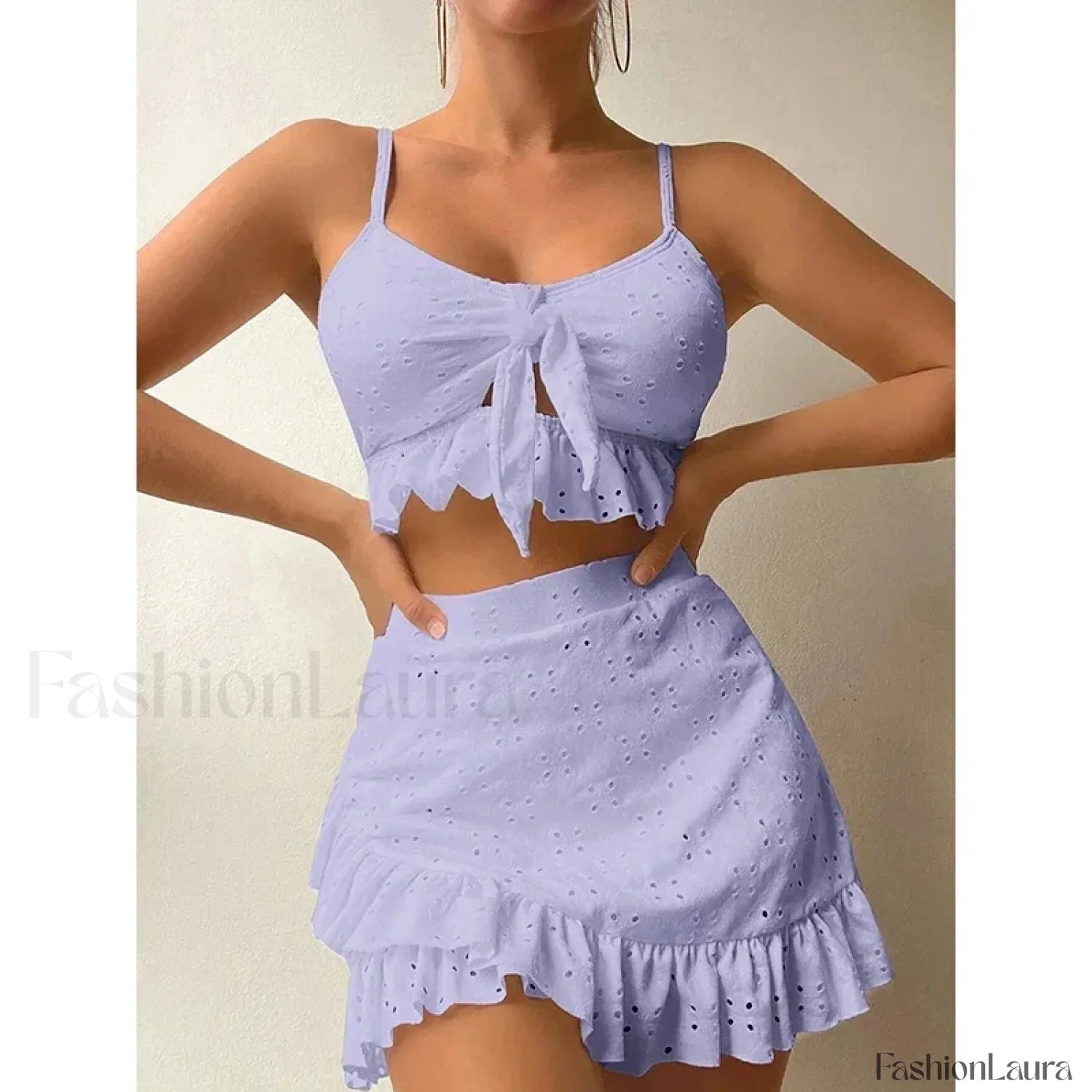 Ruffled Hollow Bow Asymmetrical Three Piece Set PURPLE / S