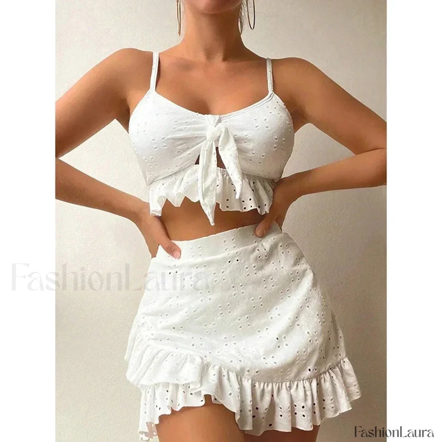 Ruffled Hollow Bow Asymmetrical Three Piece Set WHITE / S