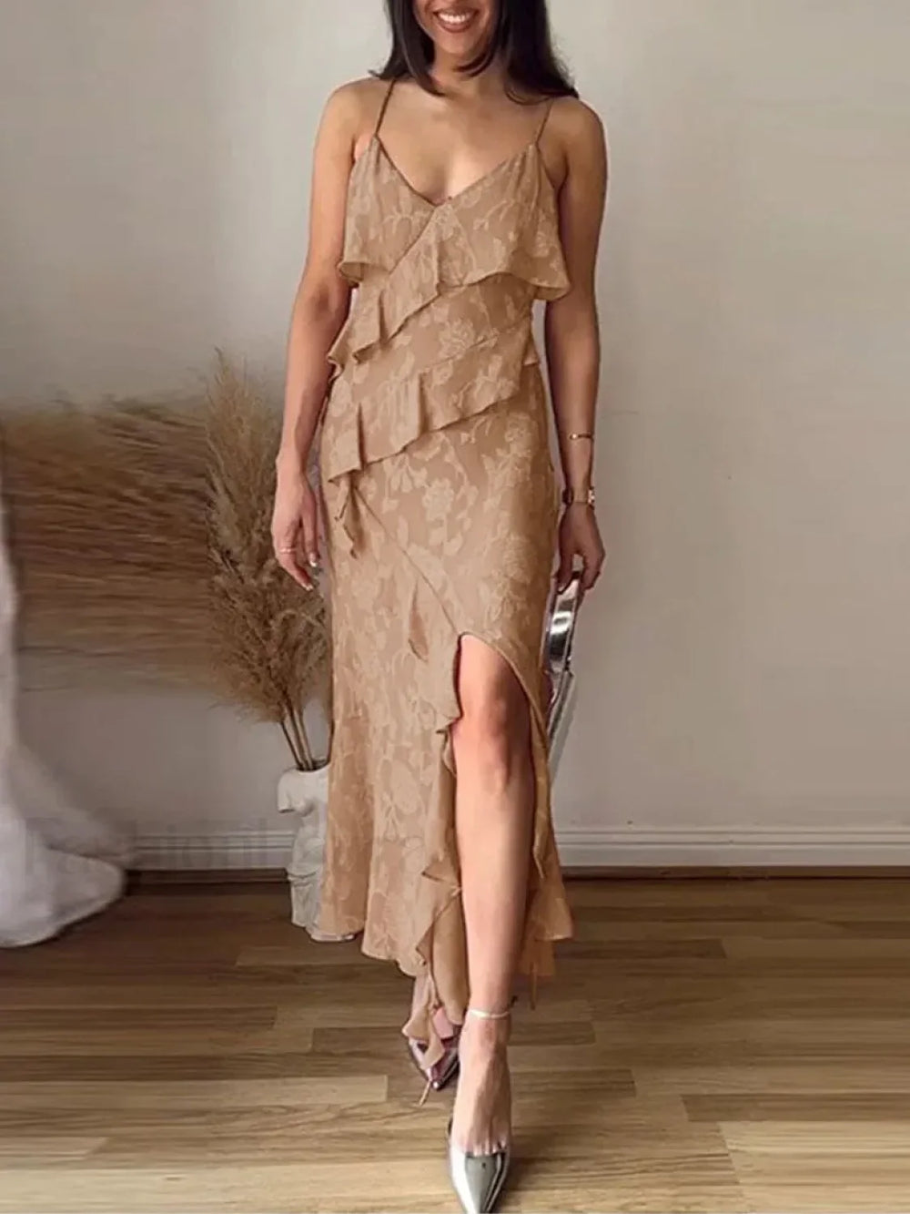 Ruffled Jacquard Split Maxi Dress Khaki / S