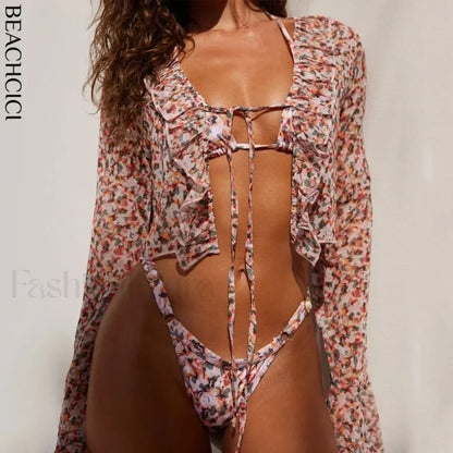 Ruffled Lace Long Sleeve Three Piece Set Pink / S