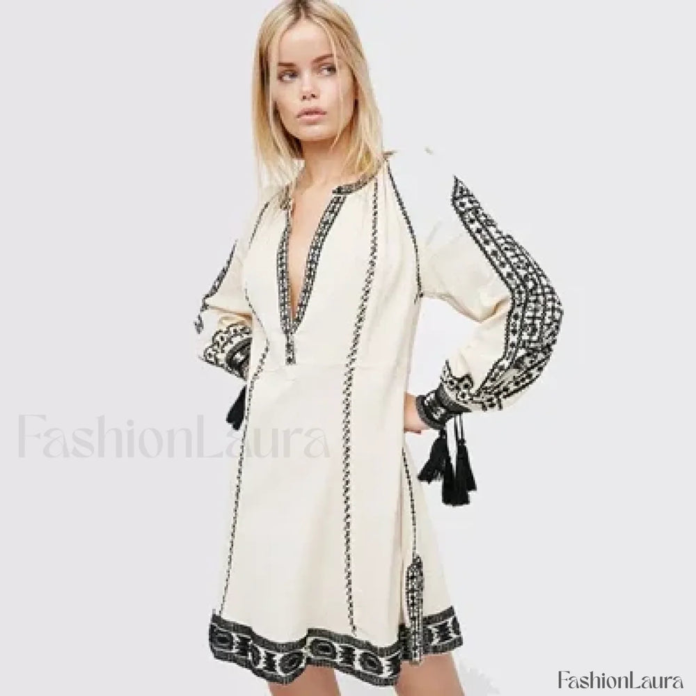 Ruffled Long Sleeve Boho Dress White / S