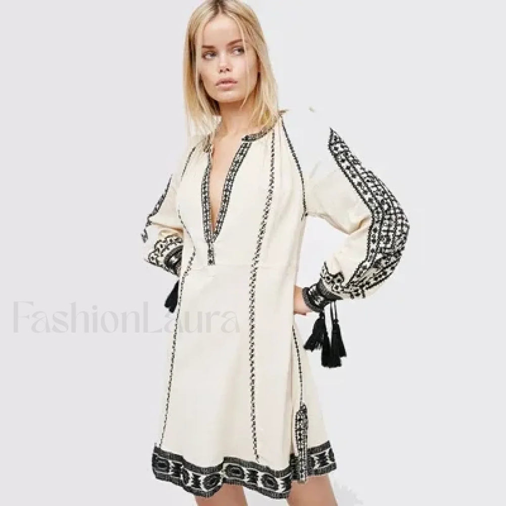Ruffled Long Sleeve Boho Dress White / S