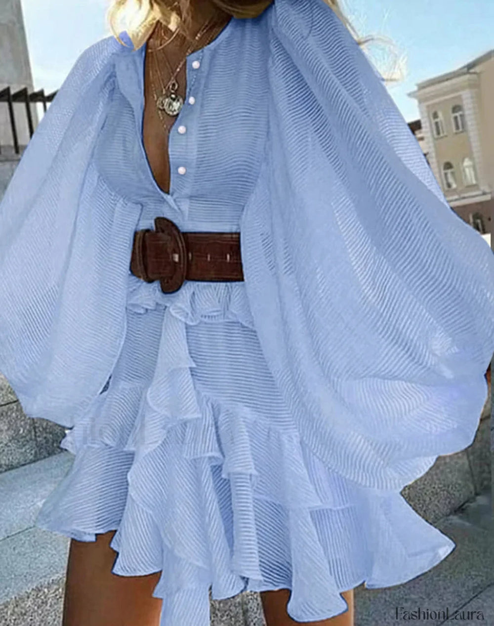 Ruffled Multi Layer Boho Dress Blue / S