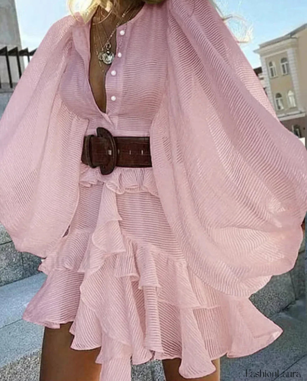 Ruffled Multi Layer Boho Dress Pink / S