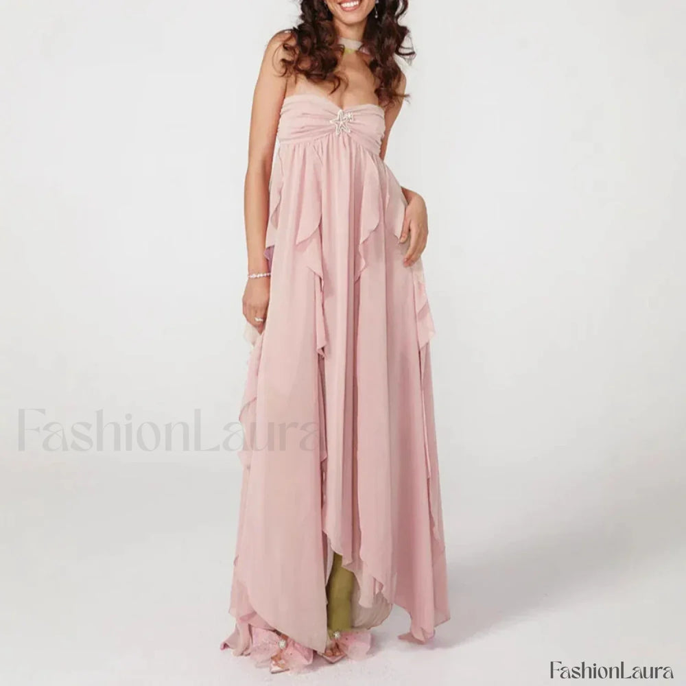 Ruffled Patchwork Chiffon Maxi Dress PINK / S