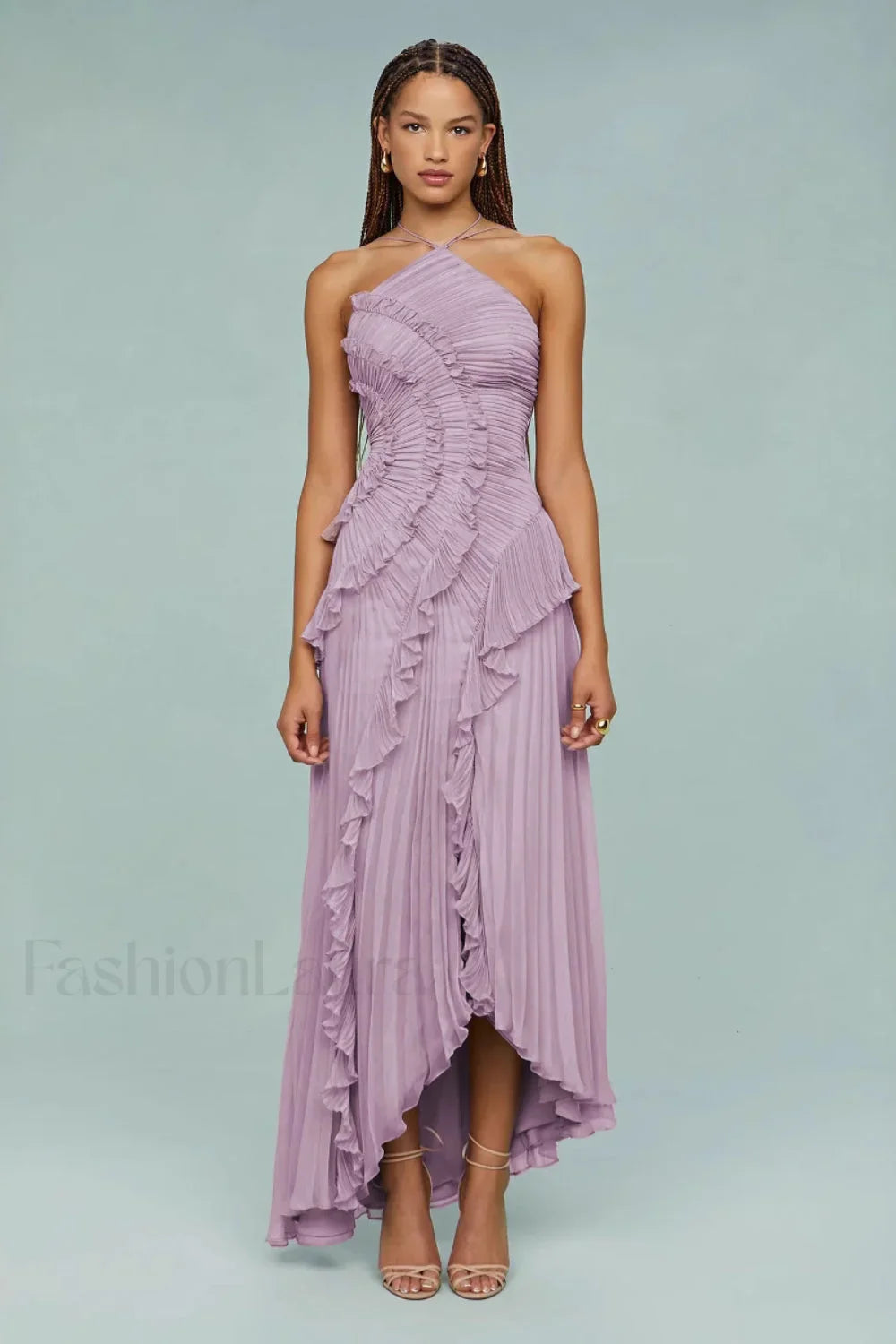 Ruffled Pleated Chiffon Maxi Dress Pink / XS