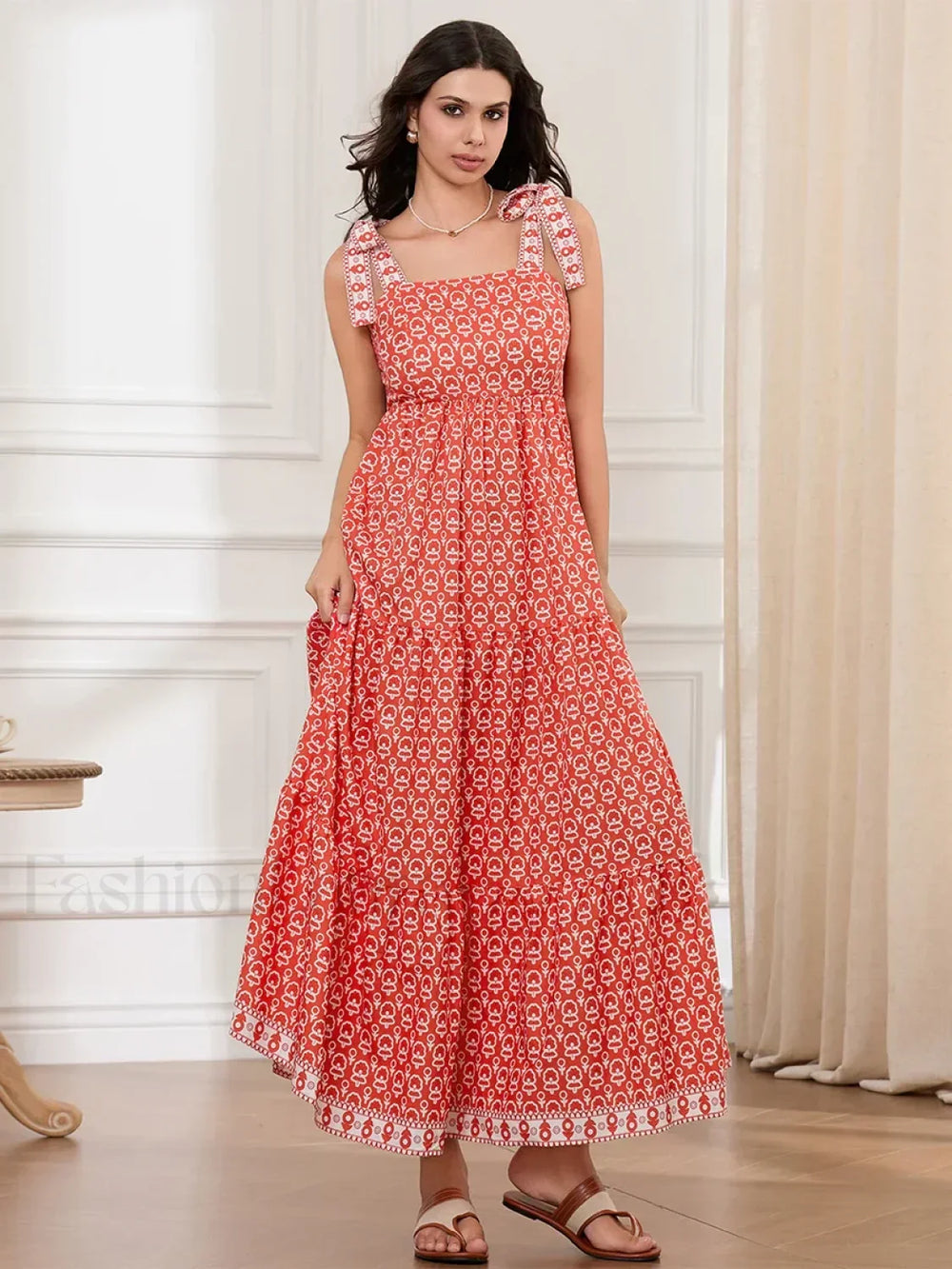 Ruffled Printed A Line Maxi Dress orange / S