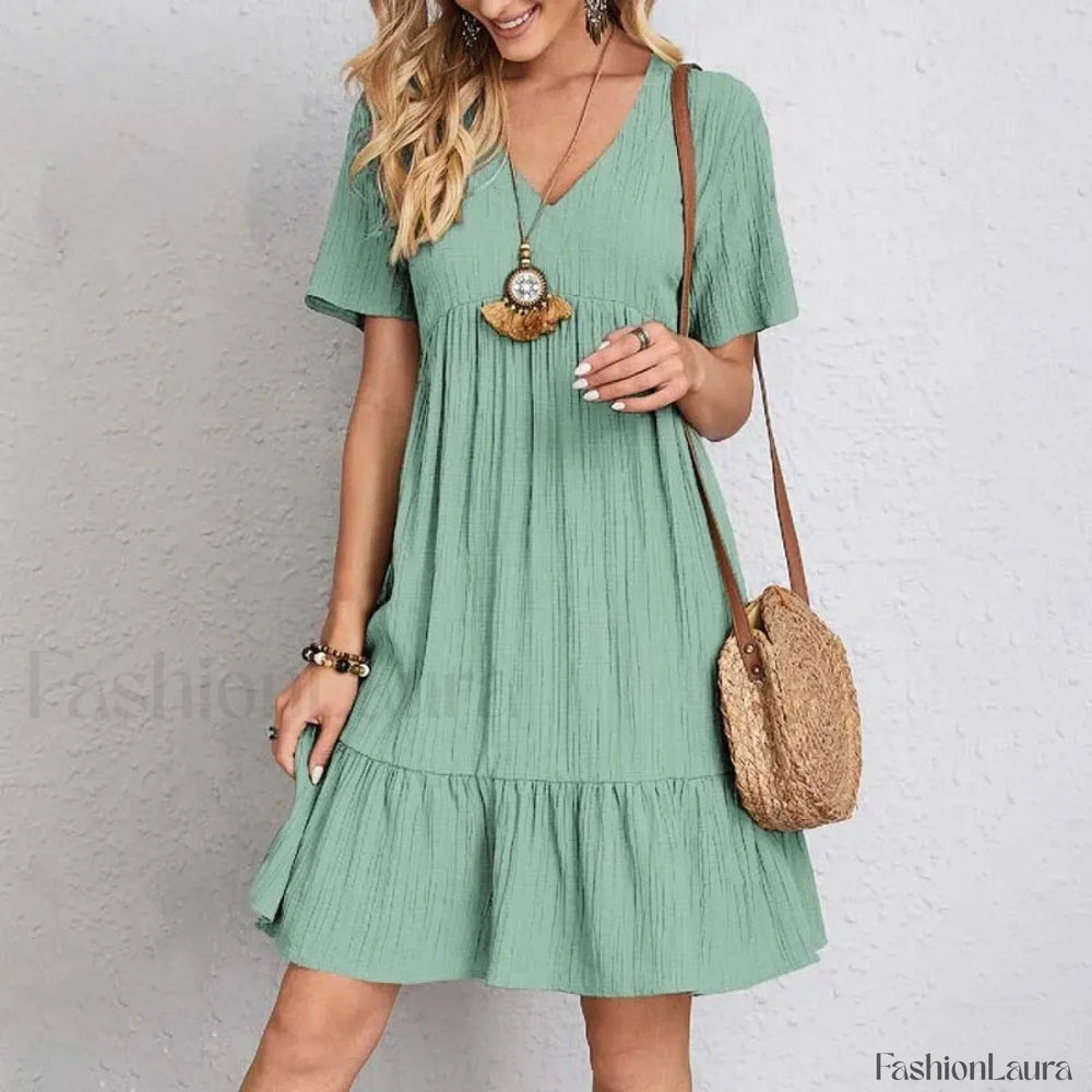 Ruffled Solid Mini Boho Dress Light Green / S