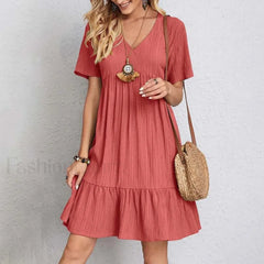 Ruffled Solid Mini Boho Dress Red / S