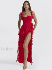 Ruffled Thigh Split Midi Dress