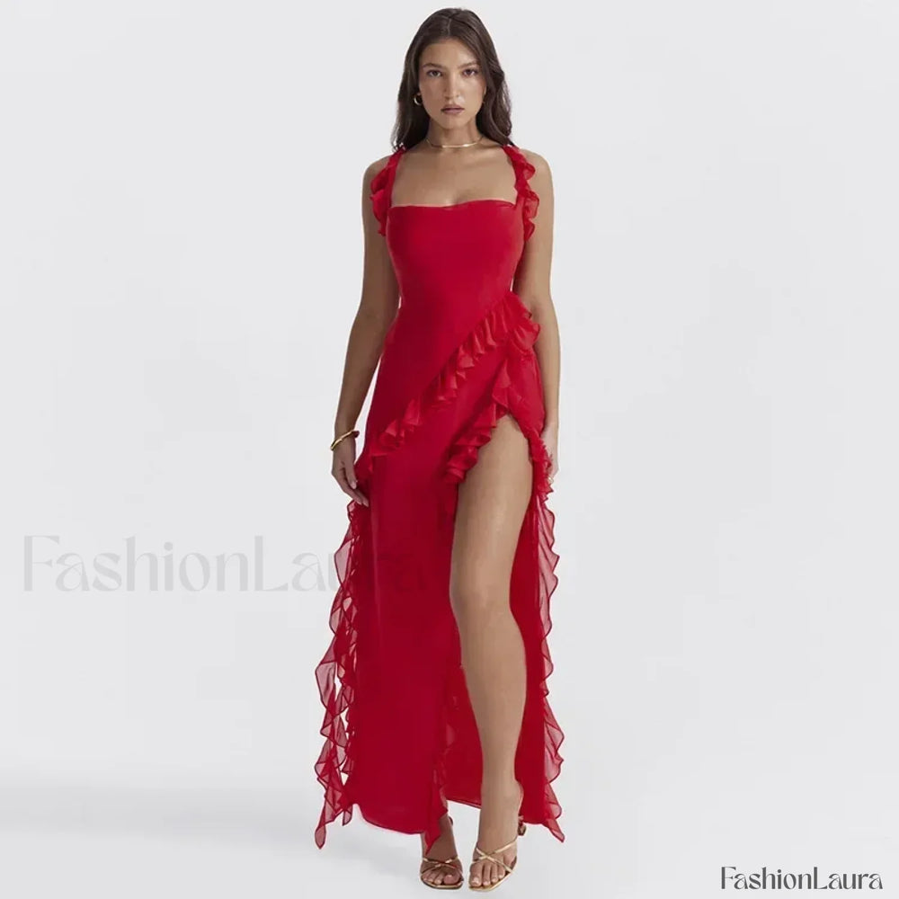 Ruffled Thigh Split Midi Dress Red / S
