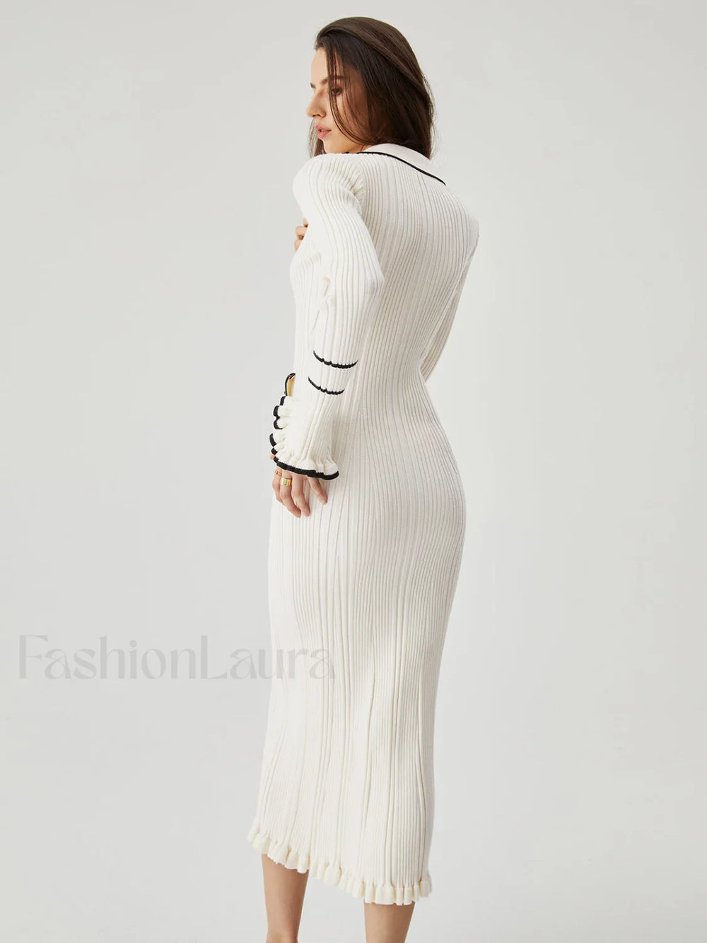 Ruffled Trim Contrast Binding Modern Button up Collar Midi Sweater Dress Sweaters L