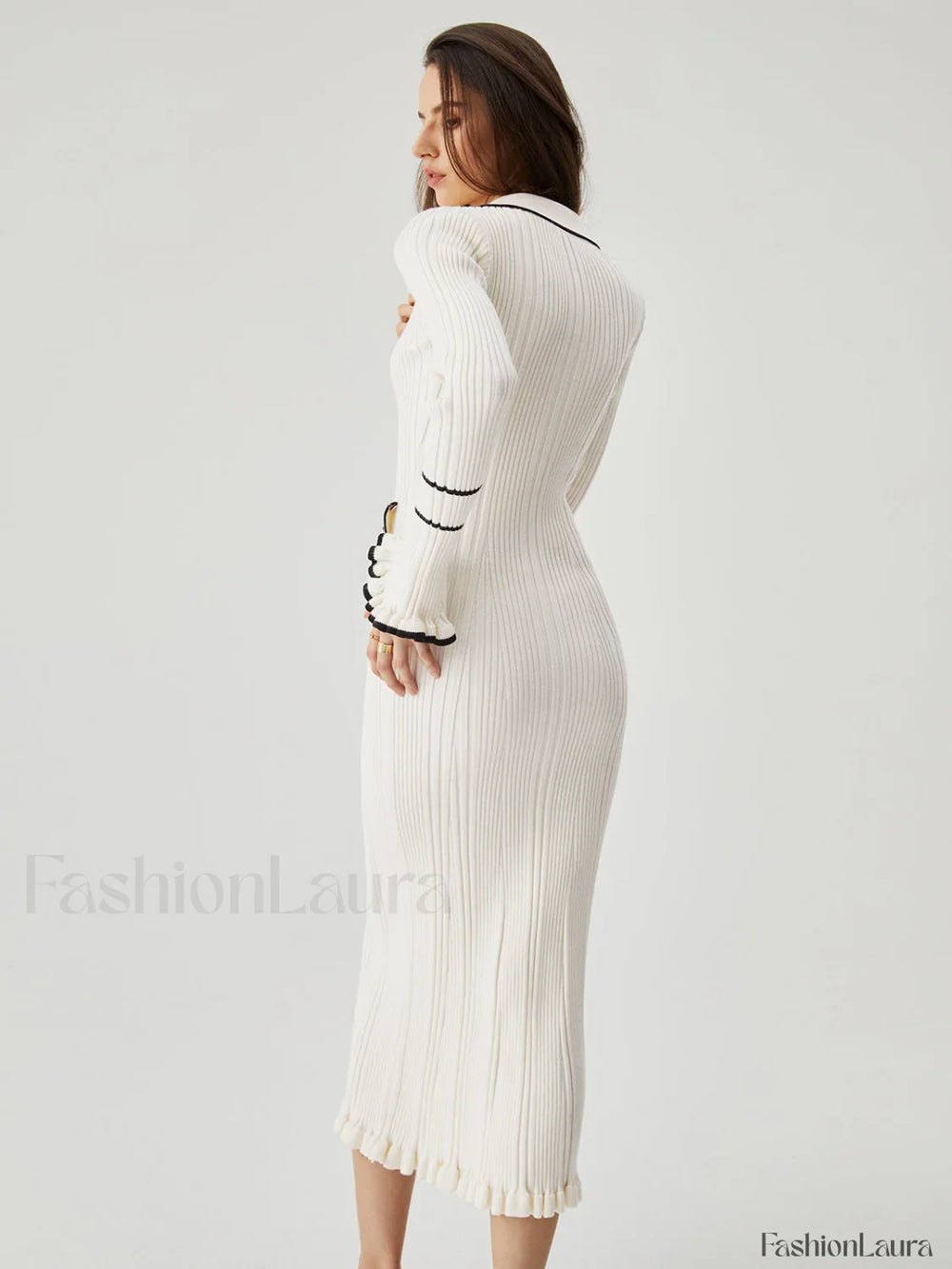 Ruffled Trim Contrast Binding Modern Button up Collar Midi Sweater Dress Sweaters L