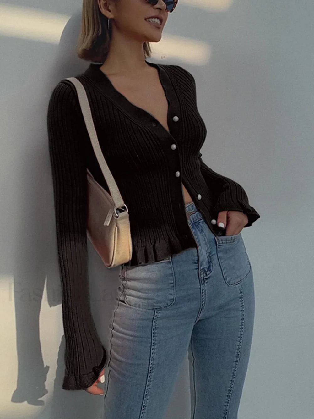 Ruffled Trim Pearl Button Long Sleeve Cardigan Black / XS Cardigans