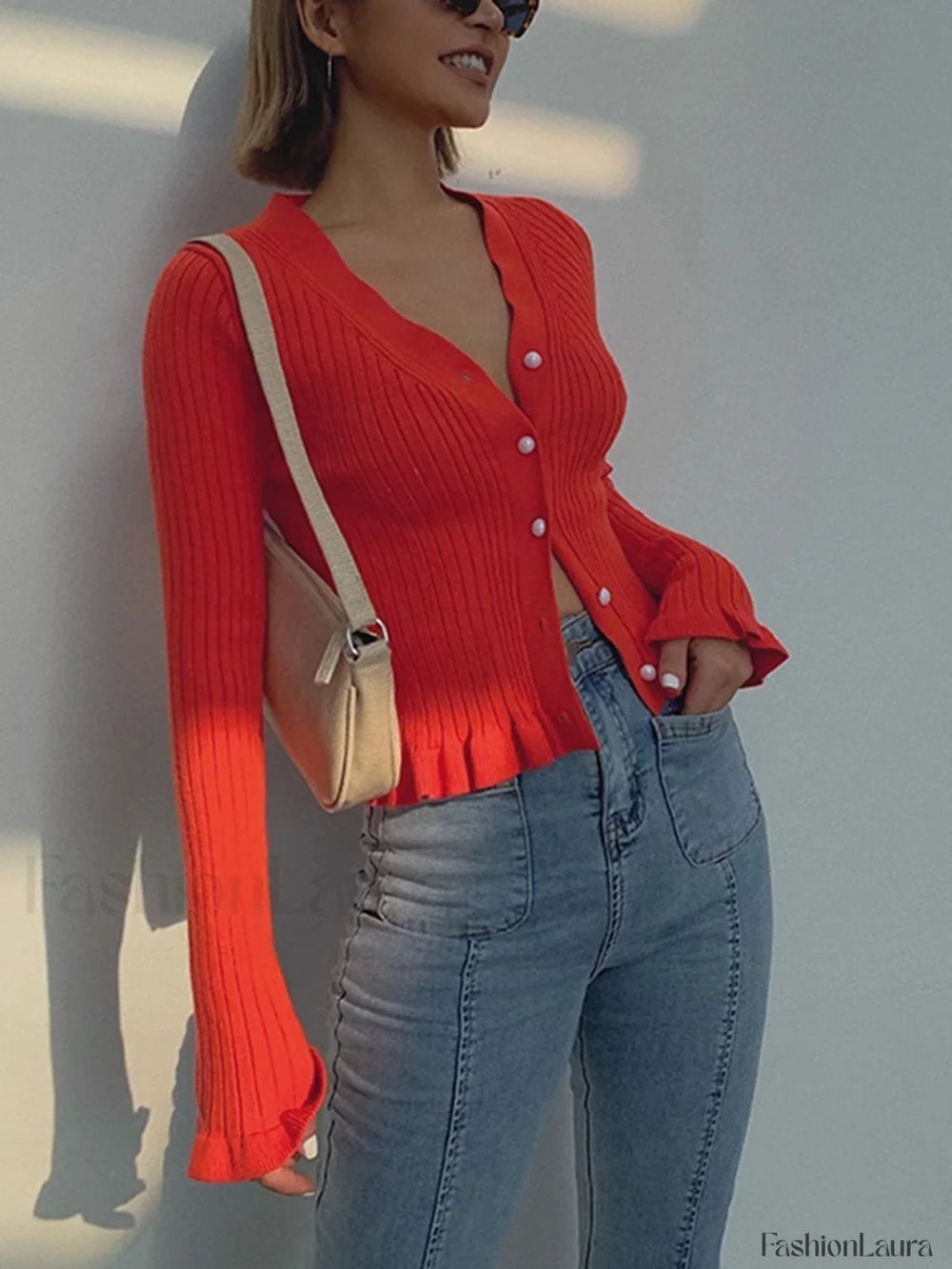 Ruffled Trim Pearl Button Long Sleeve Cardigan Cardigans