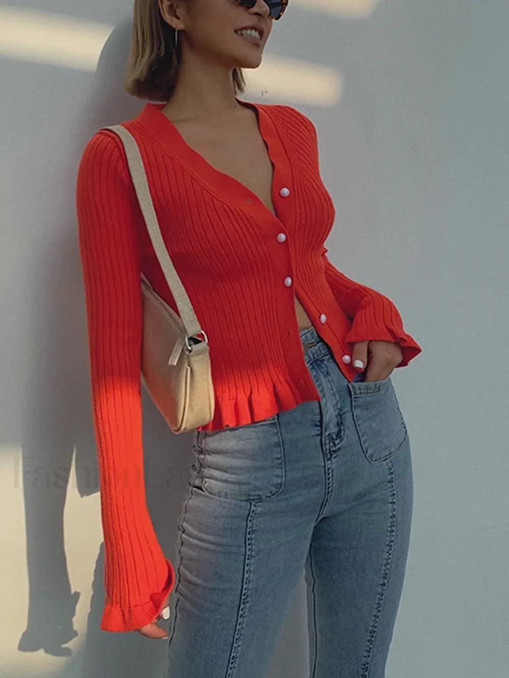 Ruffled Trim Pearl Button Long Sleeve Cardigan Cardigans