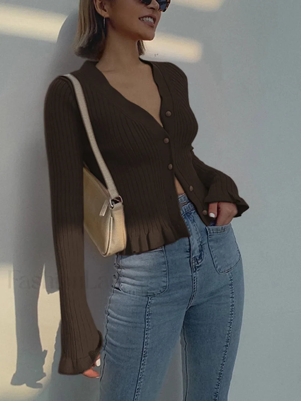 Ruffled Trim Pearl Button Long Sleeve Cardigan Light Brown / XS Cardigans