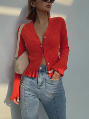 Ruffled Trim Pearl Button Long Sleeve Cardigan Red / XS Cardigans