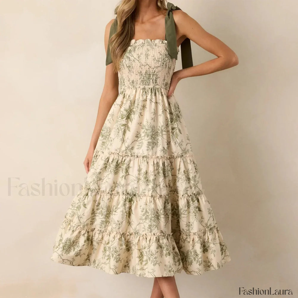 Ruffled Wide Strap Midi Dress Green / S