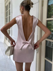 Satin Backless Bow Detail Short Dress Pink / XS Dresses