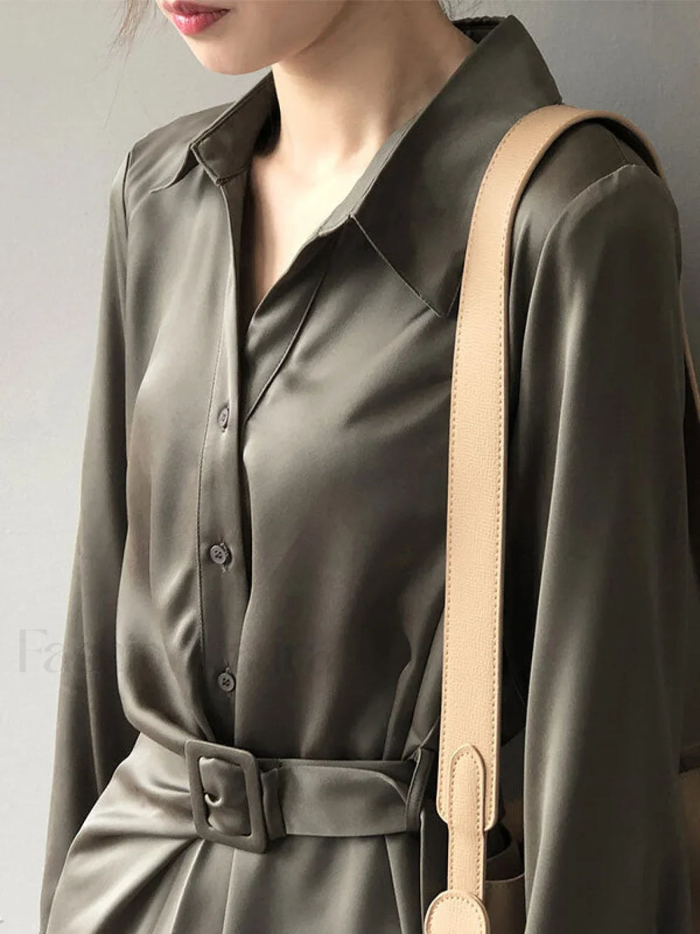 Satin Belted Long Sleeve Shirt Midi Dress Midi Dresses