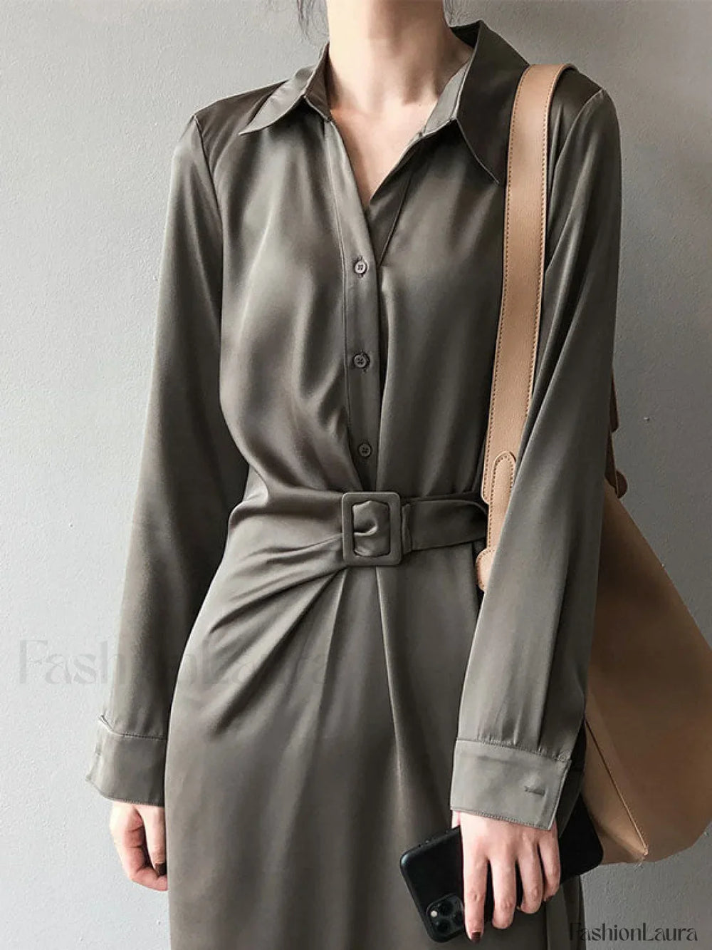 Satin Belted Long Sleeve Shirt Midi Dress Midi Dresses