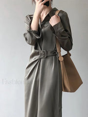 Satin Belted Long Sleeve Shirt Midi Dress Midi Dresses