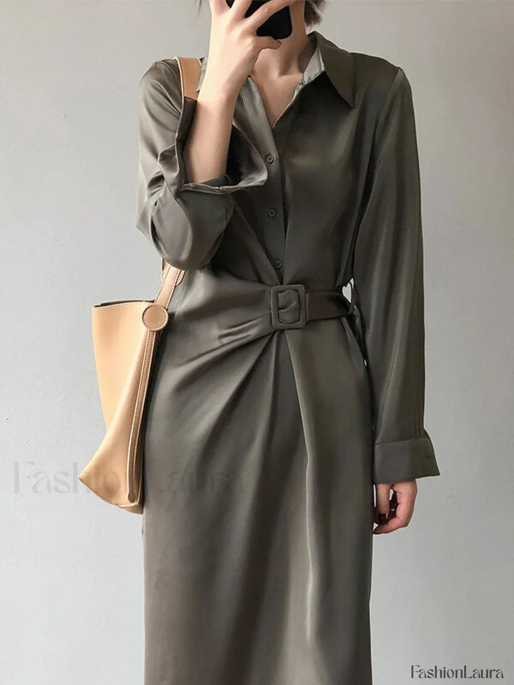 Satin Belted Long Sleeve Shirt Midi Dress Green / S Midi Dresses