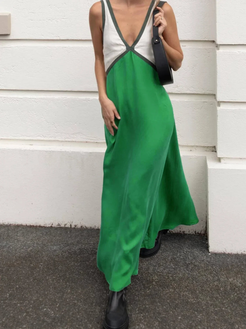 Satin Contrast Trim Long Dress Dresses