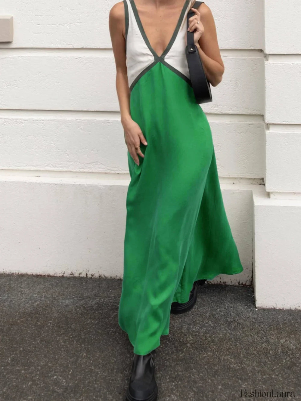 Satin Contrast Trim Long Dress Dresses