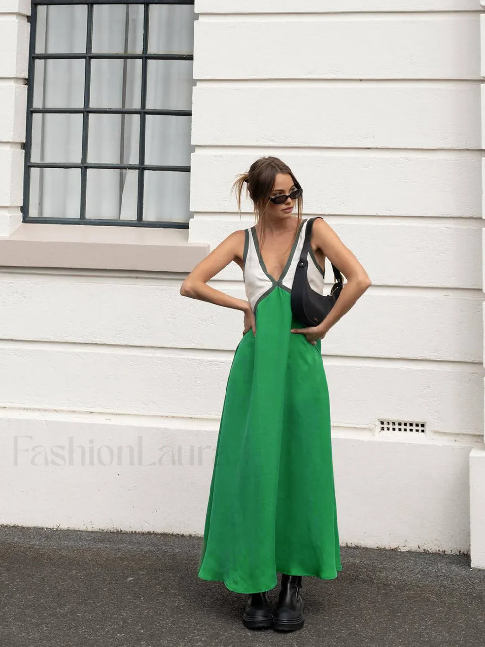 Satin Contrast Trim Long Dress Dresses