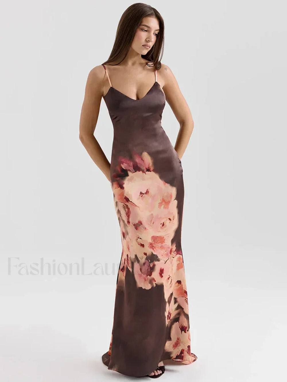 Satin Floral Spaghetti Maxi Dress Black / XS