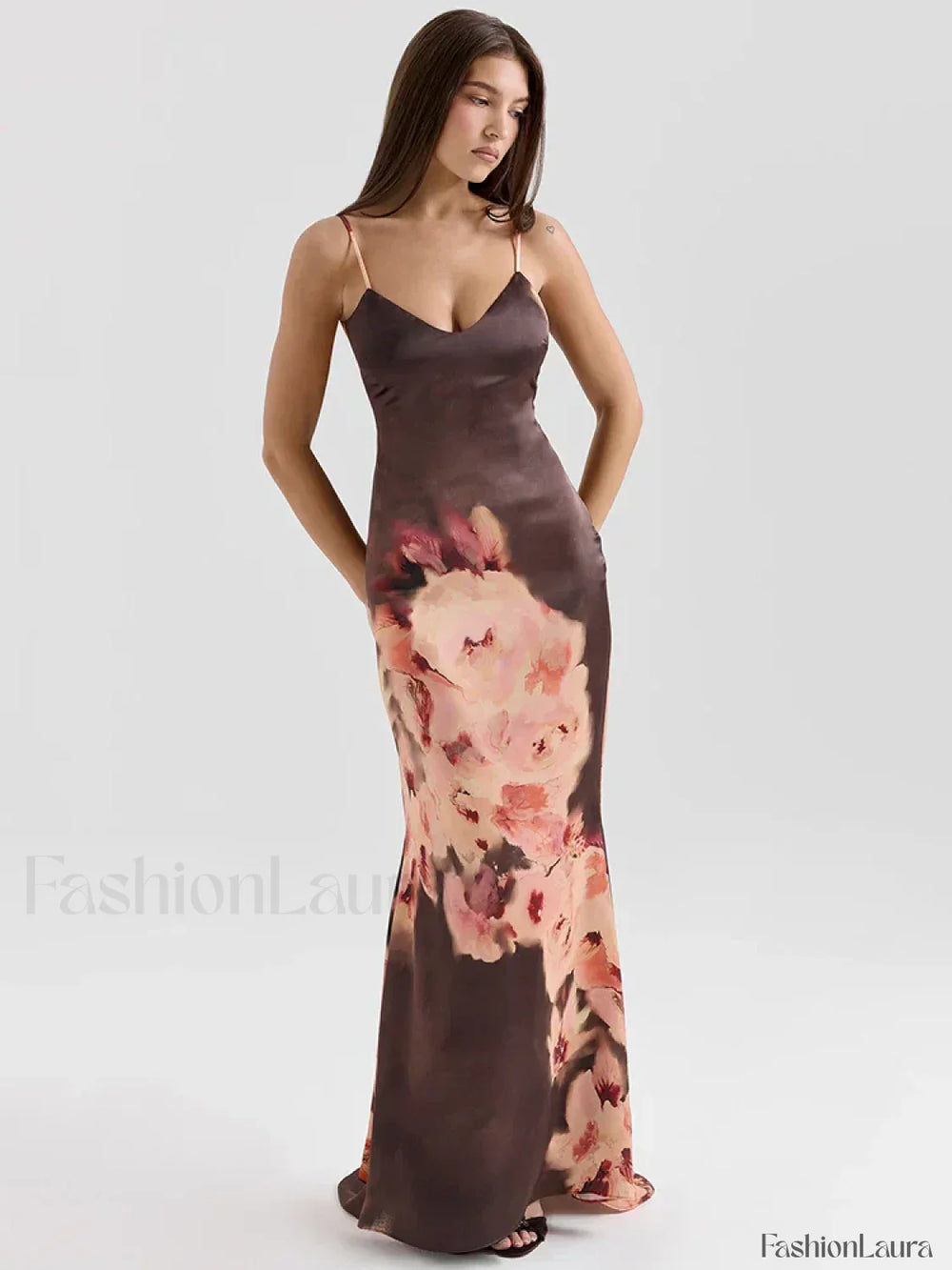 Satin Floral Spaghetti Maxi Dress Black / XS