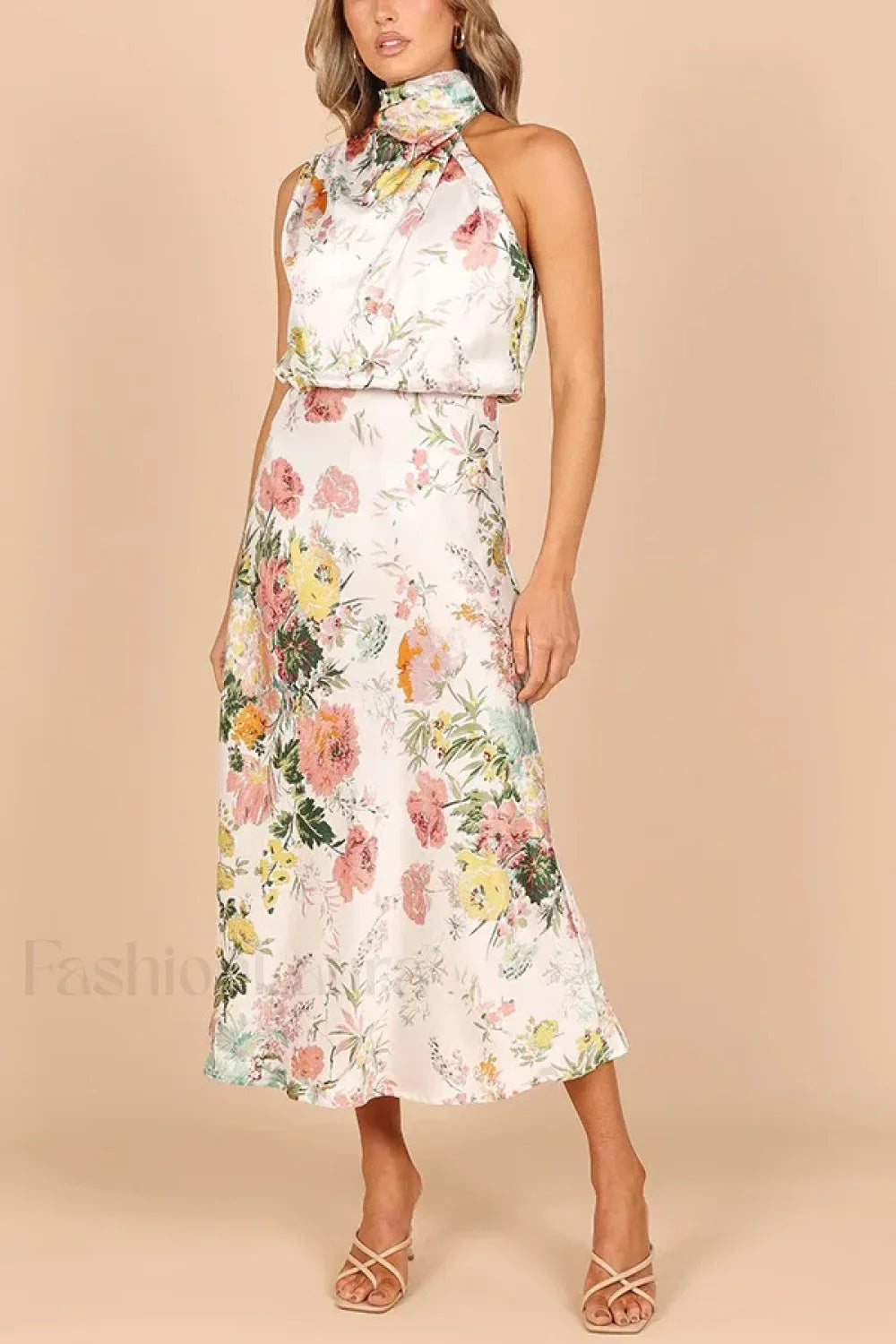 Satin Halter A Line Floral Dress