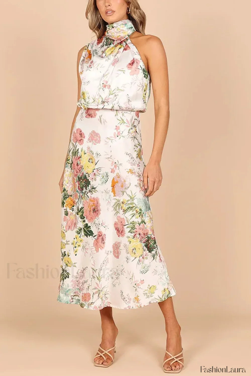 Satin Halter A Line Floral Dress