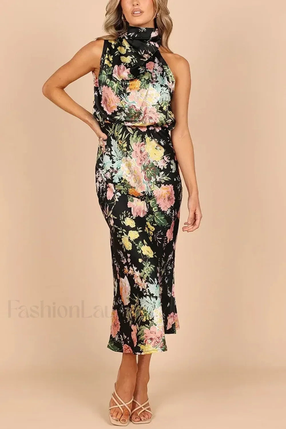 Satin Halter A Line Floral Dress Black / S