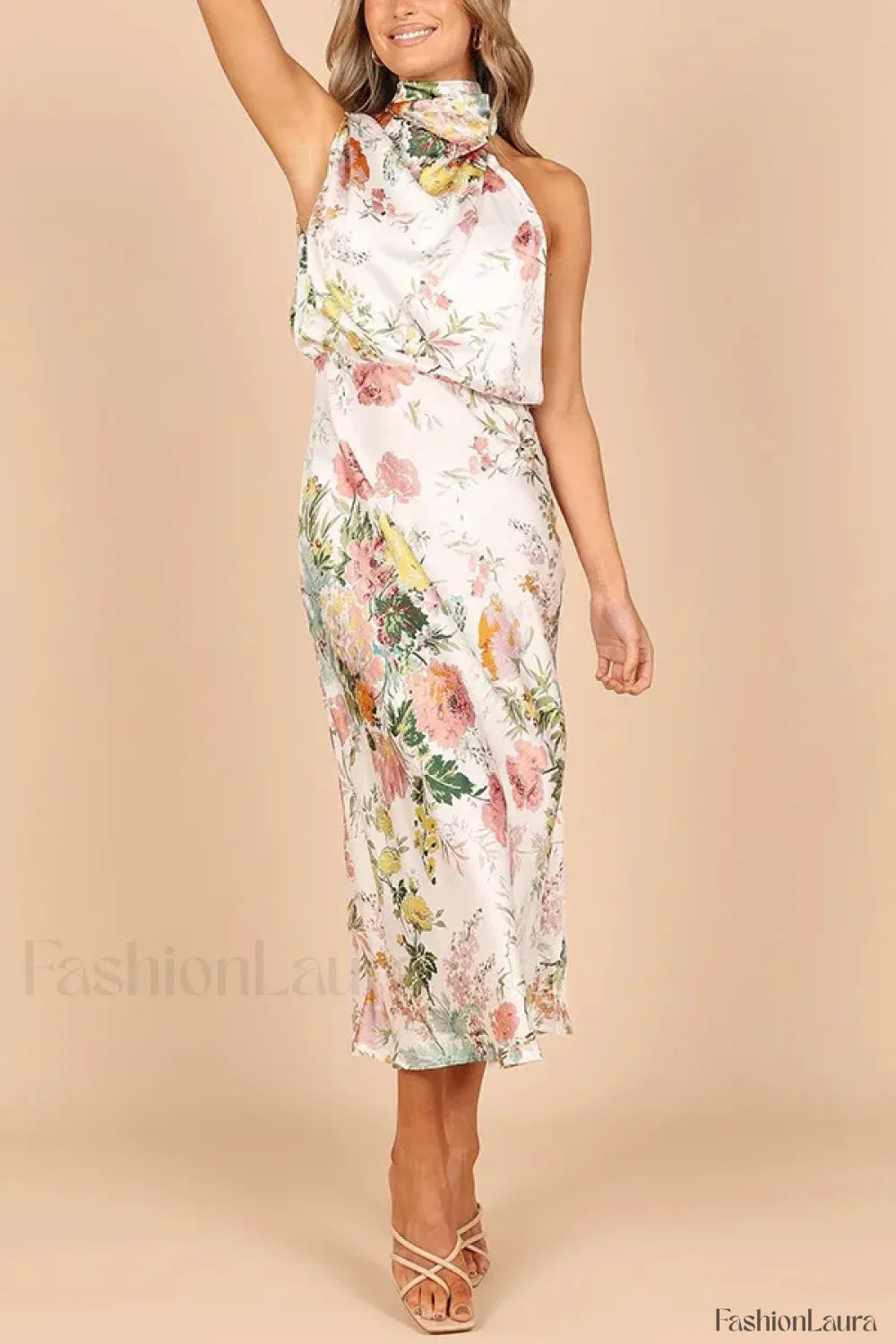 Satin Halter A Line Floral Dress White printed / S