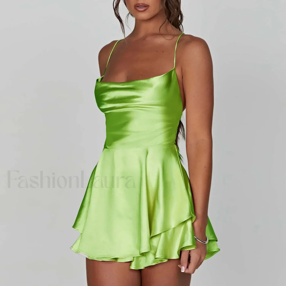 Satin Halter Pendant Mini Dress Light Green / S